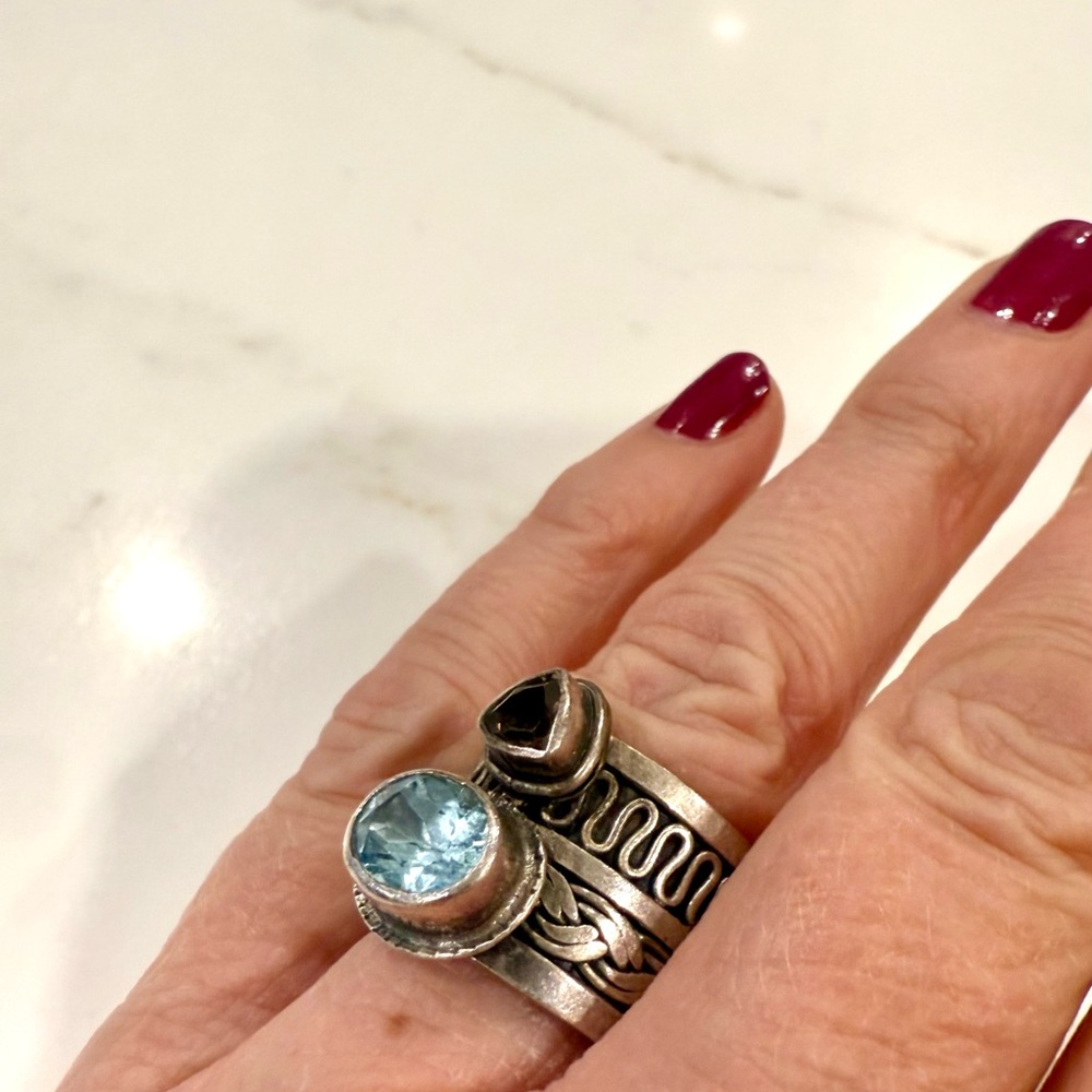 Elegant Sterling Silver and Blue and Purple Stone Ring Set - size 6